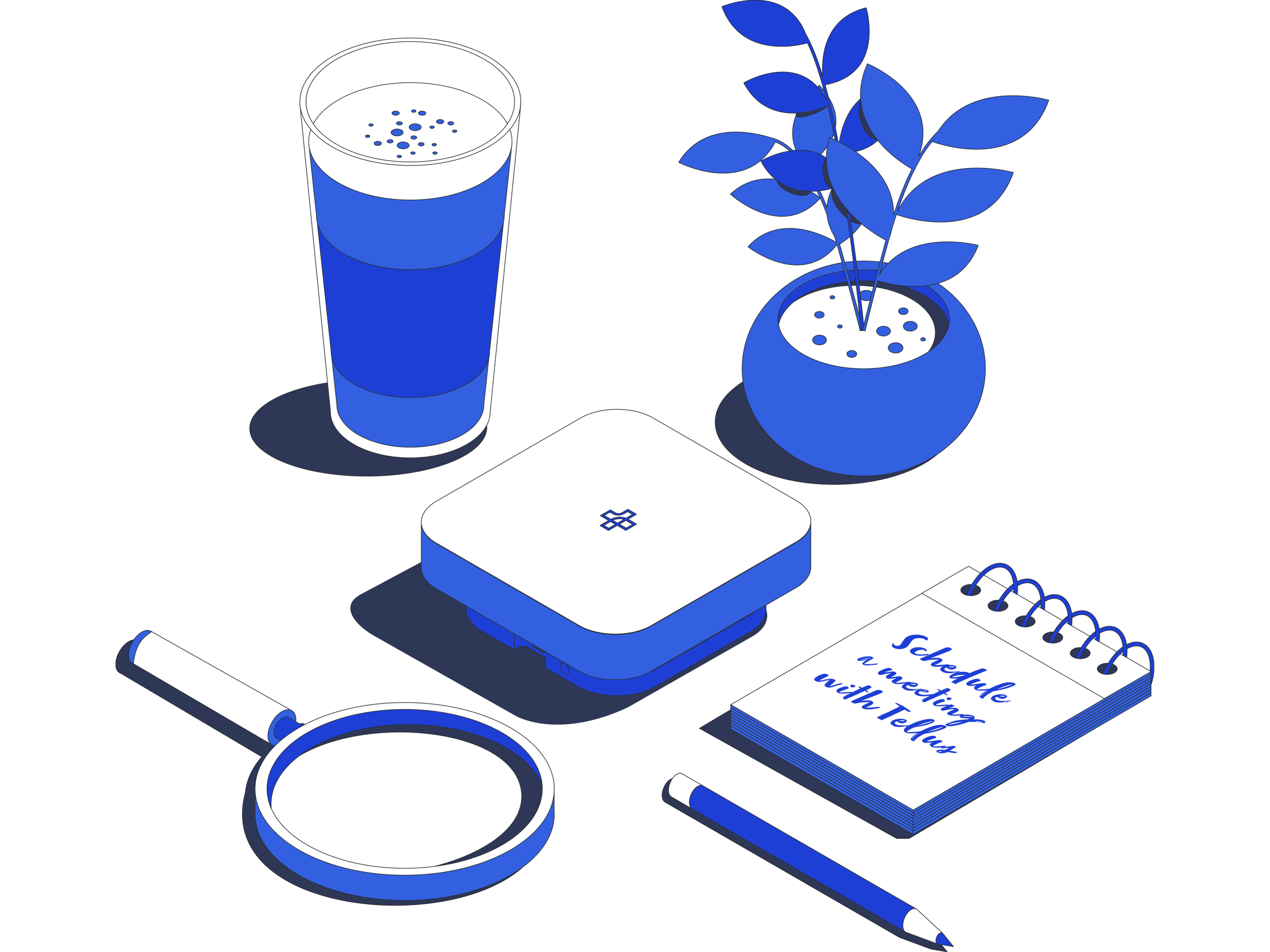 Illustrated graphic of a scene with the Tellus device surrounded by simple stationaries Illustrated graphic of a scene with the Tellus device surrounded by simple stationaries